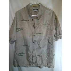 Columbia River Lodge Fishing Shirt Map Print Short‎ Sleeve Button Up Size L